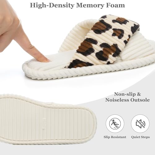 GOEWY House Slippers for Women Fuzzy Womens Slippers Indoor Outdoor Open Toe With Cross Band Corduroy Memory Foam Warm Gifts for Woman Size 7 8.5 Leopard Beigewhite - Image 5