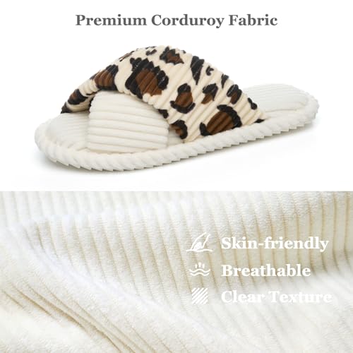 GOEWY House Slippers for Women Fuzzy Womens Slippers Indoor Outdoor Open Toe With Cross Band Corduroy Memory Foam Warm Gifts for Woman Size 7 8.5 Leopard Beigewhite - Image 4