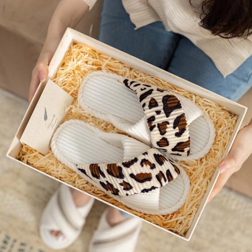GOEWY House Slippers for Women Fuzzy Womens Slippers Indoor Outdoor Open Toe With Cross Band Corduroy Memory Foam Warm Gifts for Woman Size 7 8.5 Leopard Beigewhite - Image 3