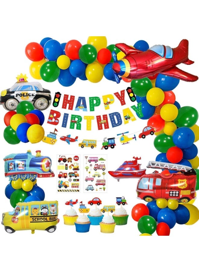 زينة حفلة عيد ميلاد النقل وحركة المرور للأولاد – طقم قوس بالونات بطابع السيارات، الطائرات، القطارات وشرطة المرور – مستلزمات عيد ميلاد سعيد للحفلات الأولى والثانية واستقبال الأطفال - Image 1