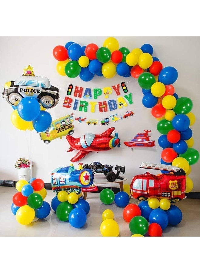زينة حفلة عيد ميلاد النقل وحركة المرور للأولاد – طقم قوس بالونات بطابع السيارات، الطائرات، القطارات وشرطة المرور – مستلزمات عيد ميلاد سعيد للحفلات الأولى والثانية واستقبال الأطفال - Image 3