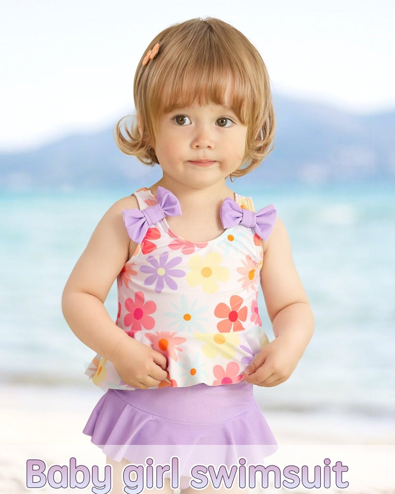 Mioglrie Toddler Swimsuit Girl 12-18 Months Toddler Bathing Suit Two Piece Purple Floral Tankini Baby Girl's Swimwear Summer Beach Bikini Hat Outfits Set - Image 2