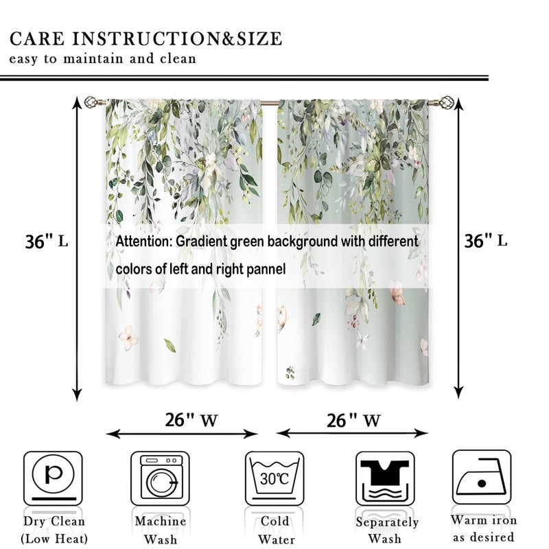 oolygoo Eucalyptus Botanical Leaves Floral Kitchen Window Curtains Butterfly Farmhouse Flower Leaf Small Window Treatment Sage Green Cafe Short Curtains for Bathroom Treatment Tier Drapes 26x36 inch - Image 2