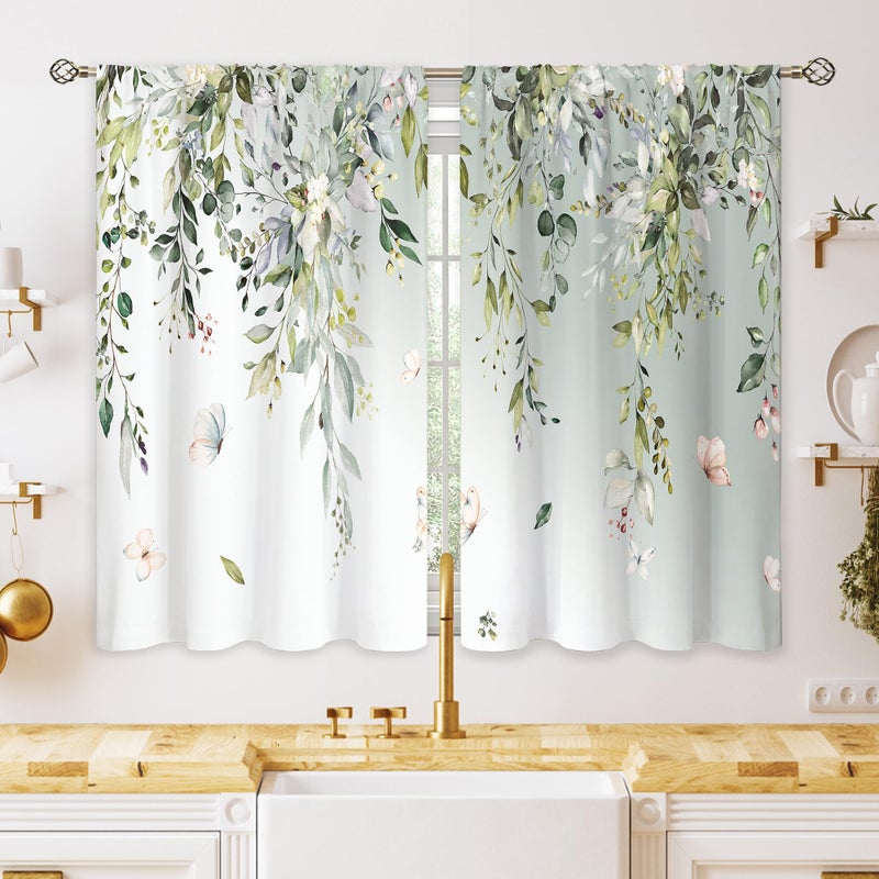 oolygoo Eucalyptus Botanical Leaves Floral Kitchen Window Curtains Butterfly Farmhouse Flower Leaf Small Window Treatment Sage Green Cafe Short Curtains for Bathroom Treatment Tier Drapes 26x36 inch - Image 1