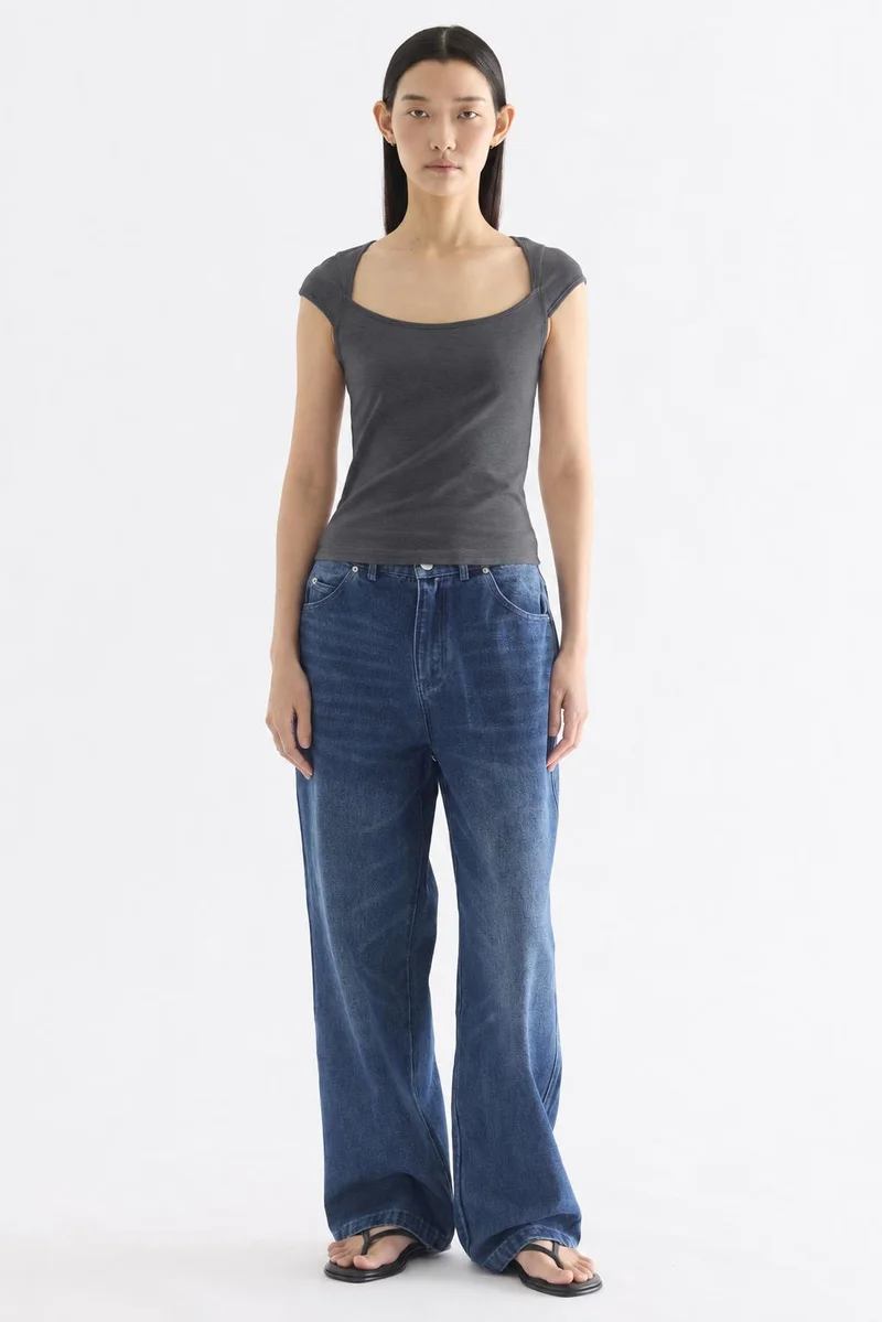 ذا اديتورز ماركت Edeline Square Neck Cap Sleeve Top - Gunmetal