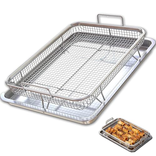 ELEXIQ 2 Piece Stainless Steel Air Fryer Basket for Oven, Crisper Tray and Basket Oven Air Fry Pan Mesh Basket Set,Non-Stick Crisper Oven Tray for Baking and Crispy Chicken,French Fries and Onion Rings (1) Steel Medium) - Image 1