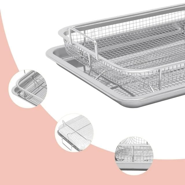 ELEXIQ 2 Piece Stainless Steel Air Fryer Basket for Oven, Crisper Tray and Basket Oven Air Fry Pan Mesh Basket Set,Non-Stick Crisper Oven Tray for Baking and Crispy Chicken,French Fries and Onion Rings (1) Steel Medium) - Image 3