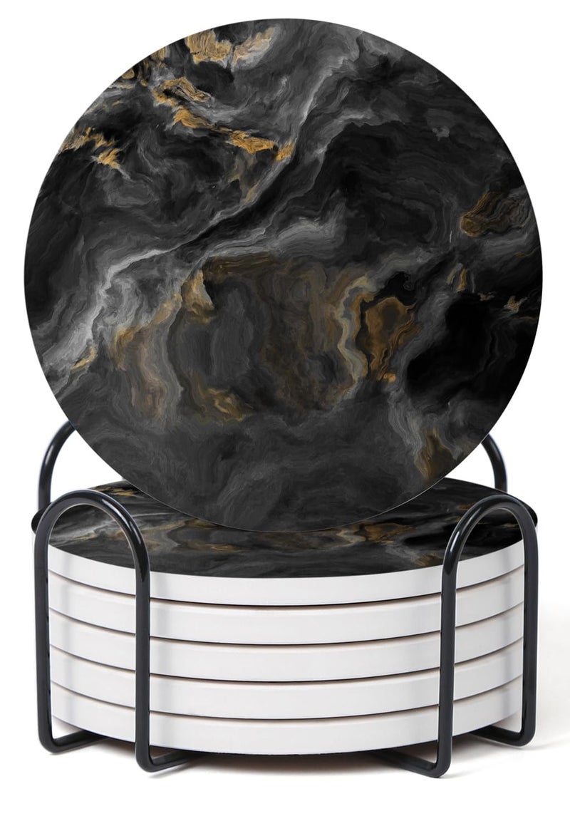 Hoomey Set of 6 Abstract Black Marble Coasters with Holder, Absorbent Ceramic Coasters for Drinks, Coasters with Cork Backing for Table Protection, Housewarming Gifts for New Home - Image 1