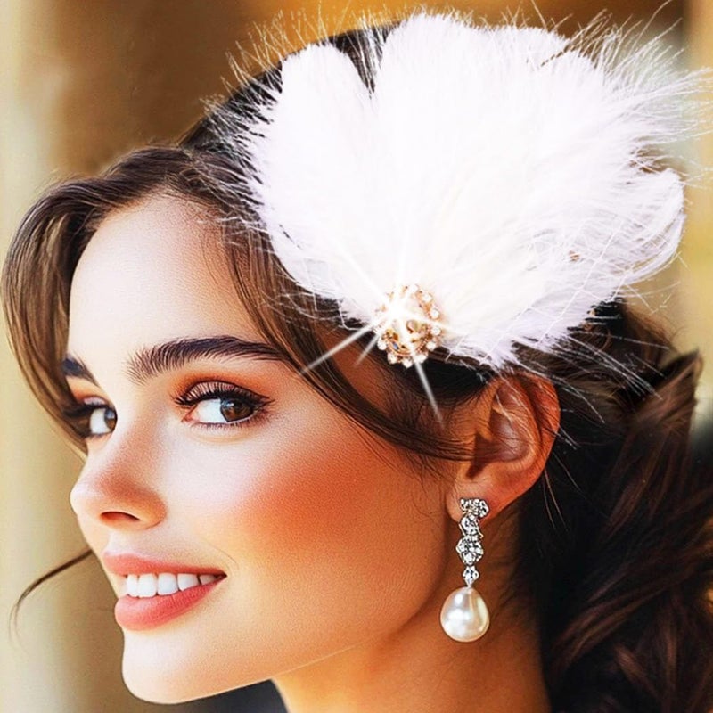 GENBREE 1920s Flapper Headband White Feather Hair Clip Rhinestone Headpiece Prom Party Hair Accessories for Women and Girls Pattern 1 