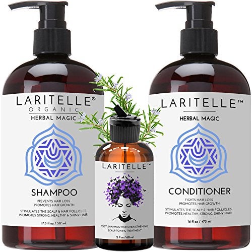 Laritelle Organic Hair Loss Prevention Shampoo 17.5 oz + Conditioner 16 oz + Bonus Post-shampoo Treatment 2 oz | Unscented & Hypoallergenic | NO GMO, Sulfates, Gluten, Alcohol, Parabens, Phthalates - Image 1