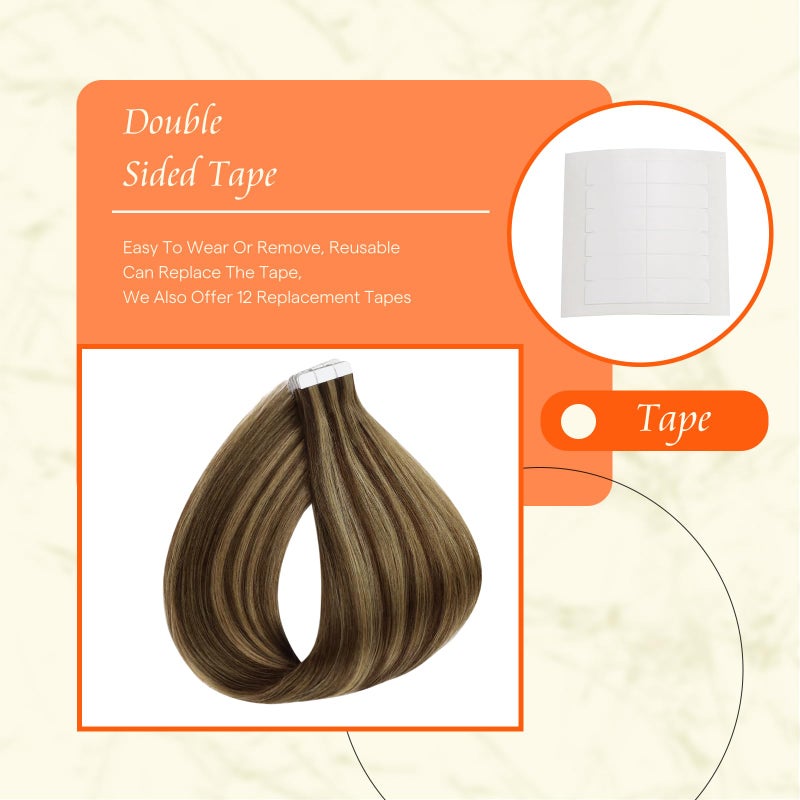 Fshine Full Shine Tape in Hair Extensions Color 4 Brown with 27 Blonde Highlights Remy Tape Ins Hair Human Hair Extensions Seamless Extensions 12 Inch Short Hair 20Pcs 30Grams Add Volume - Image 4