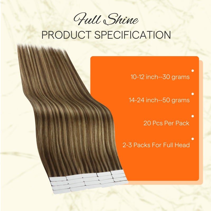 Fshine Full Shine Tape in Hair Extensions Color 4 Brown with 27 Blonde Highlights Remy Tape Ins Hair Human Hair Extensions Seamless Extensions 12 Inch Short Hair 20Pcs 30Grams Add Volume - Image 3