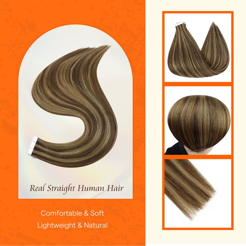 Fshine Full Shine Tape in Hair Extensions Color 4 Brown with 27 Blonde Highlights Remy Tape Ins Hair Human Hair Extensions Seamless Extensions 12 Inch Short Hair 20Pcs 30Grams Add Volume - Image 2