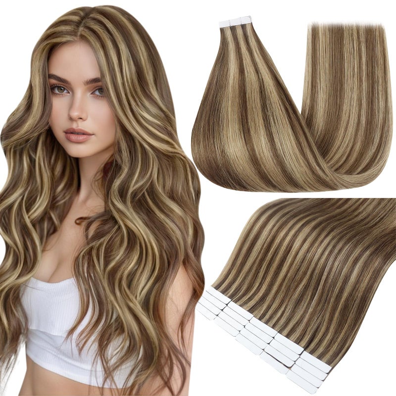 Fshine Full Shine Tape in Hair Extensions Color 4 Brown with 27 Blonde Highlights Remy Tape Ins Hair Human Hair Extensions Seamless Extensions 12 Inch Short Hair 20Pcs 30Grams Add Volume - Image 1