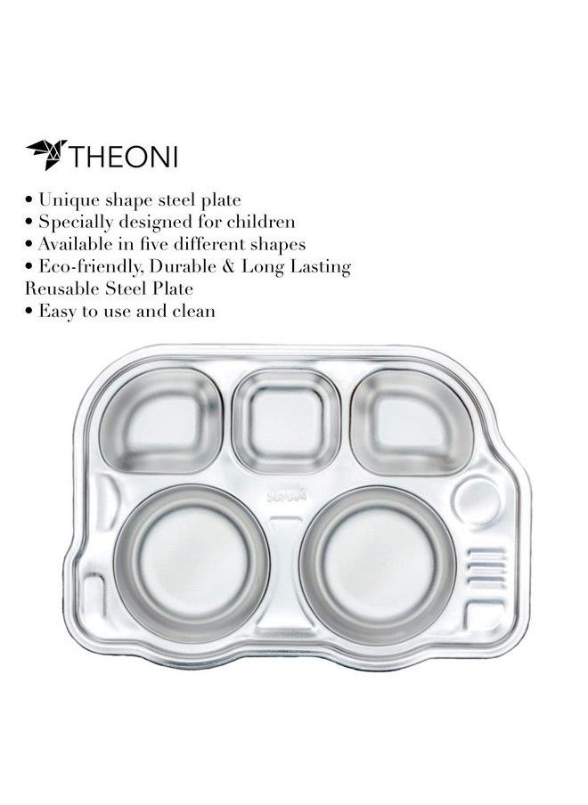THEONI - Stainless Steel Divided Meal Plate Tray 5 Compartments Dinner Dish For Babytoddlerkids Feeding Set Bus Shapebpa Free Safe Fun Non Toxic Heavy Duty - Image 1
