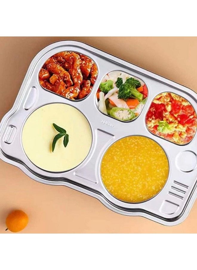 THEONI - Stainless Steel Divided Meal Plate Tray 5 Compartments Dinner Dish For Babytoddlerkids Feeding Set Bus Shapebpa Free Safe Fun Non Toxic Heavy Duty - Image 1