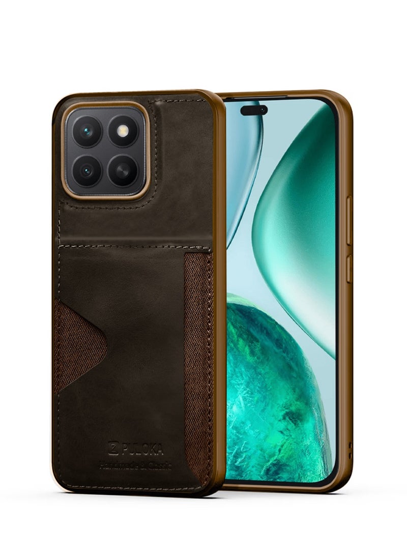 PULOKA Honor X8c 4G 2025 PULOKA Card Holder Skin-feel PU Leather Back Silicone Sides Case Cover - Brown - Image 1