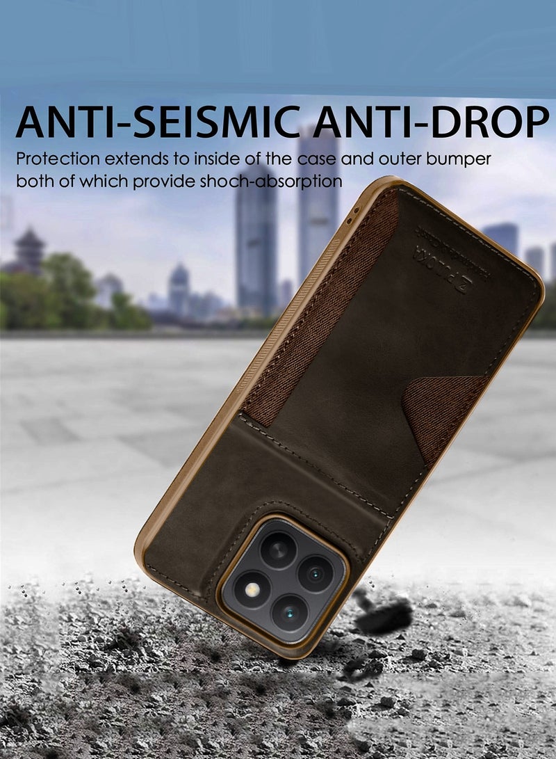 PULOKA Honor X8c 4G 2025 PULOKA Card Holder Skin-feel PU Leather Back Silicone Sides Case Cover - Brown - Image 3