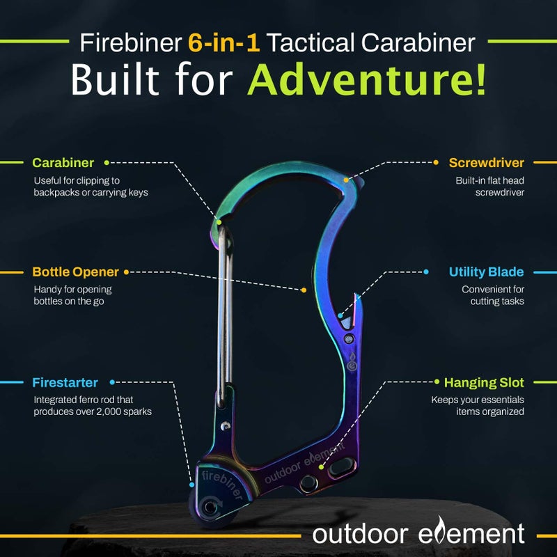 OUTDOOR ELEMENT FirebinerÂ® 6-in-1 Survival Multitool Carabiner EDC Keychain with EverSparkâ„¢ Fire Starter, Utility Blade, Bottle Opener & Screwdriver â€“ Unique Gift for Outdoor Adventure â€“ Blue River - Image 3