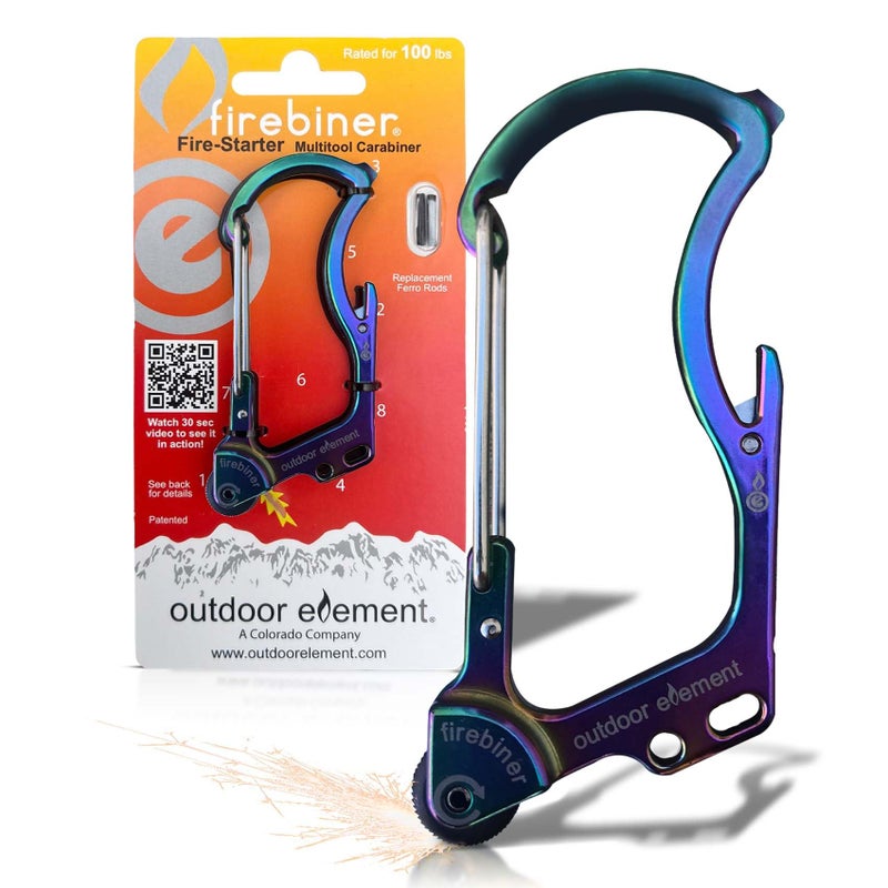 OUTDOOR ELEMENT FirebinerÂ® 6-in-1 Survival Multitool Carabiner EDC Keychain with EverSparkâ„¢ Fire Starter, Utility Blade, Bottle Opener & Screwdriver â€“ Unique Gift for Outdoor Adventure â€“ Blue River - Image 1