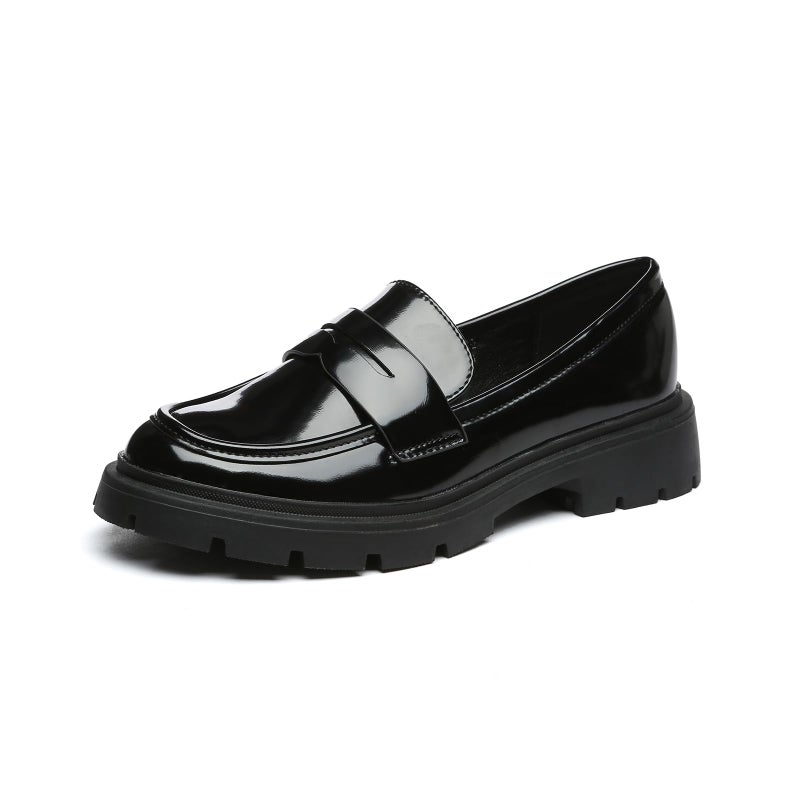 Vera Creation Women's Chunky Platform Loafers with Chain or Buckle Patent Leather Casual Business Work Shoes Comfort Slip-on (Black+Penny 8) - Image 1