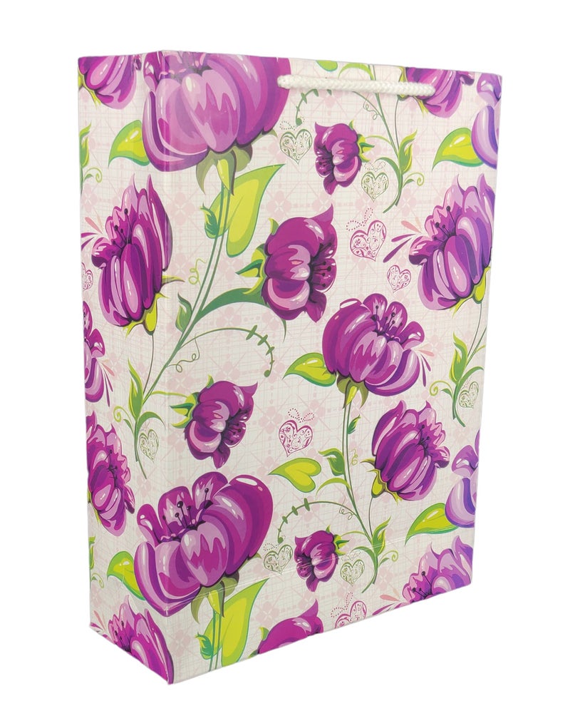 Arrow Paper Purple Flower Design Gift Bags for Gifting, Weddings, Birthday,Holiday Presents(28 cm x 20 cm x 7.5 cm,Pack of 10) - Image 1