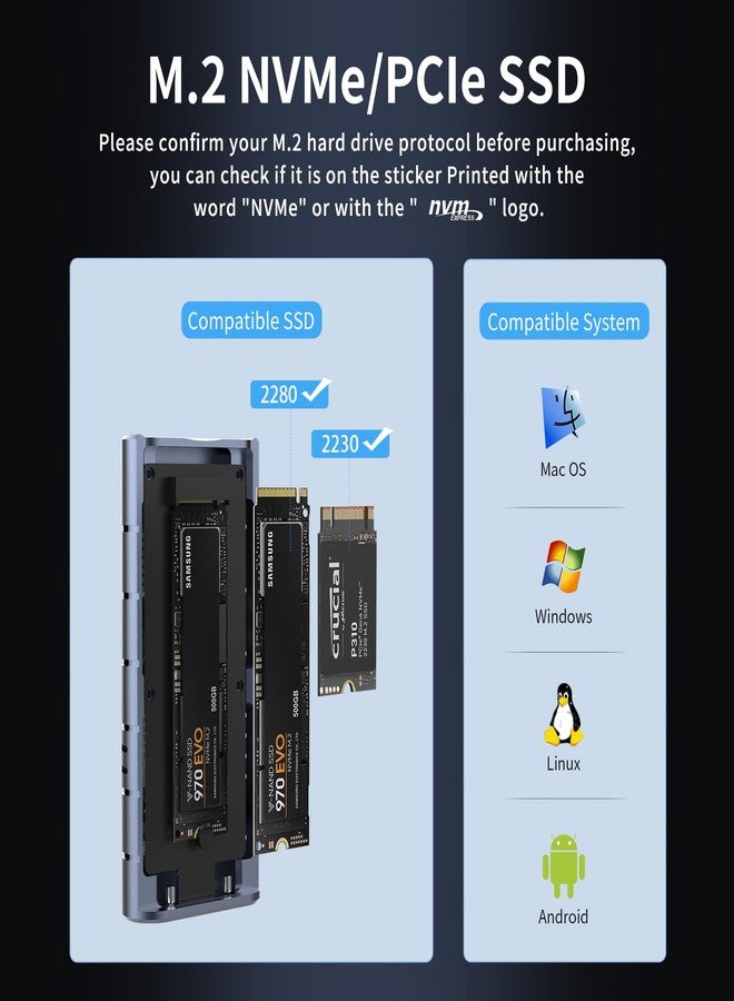 جودو علبة أقراص صلبة GODO 40Gbps M.2 NVMe SSD، مصنوعة من الألومنيوم، من النوع C، بسعة 8 تيرابايت، مزودة بمنفذ USB 4.0، سهلة التركيب بدون أدوات، تدعم أحجام SSD 2230/2280 B+M /M-Key، متوافقة مع Thunderbolt 4/3/USB 4/3.2/3.1/3.0/2.0 - Image 5