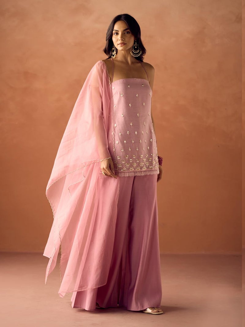 FIORRA Women Light Pink Crush Organza Hand Work Straight Kurta Set with Dupatta SET0224 - Image 3