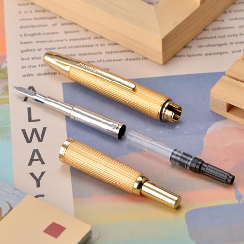 Wikult Jinhao 10 Press Fountain Pen with Box, Brushed Matt Gold Retractable Fine Nib with Converter Set (Golden Clip) - Image 3