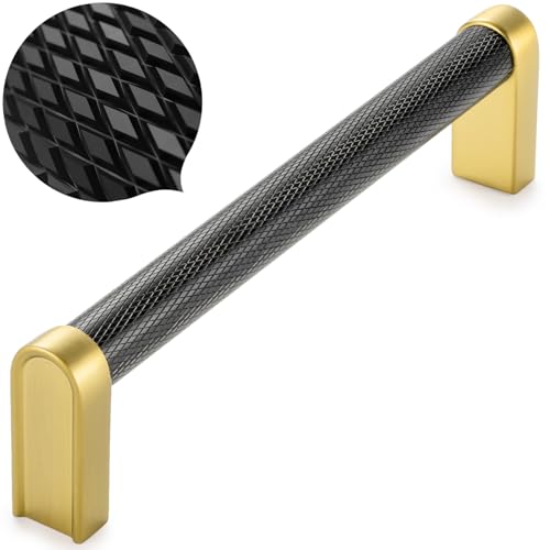 KOOFIZO Black and Gold Cabinet Pulls 5Pack Knurled Cabinet Handles 5 Inch Screw Spacing P28 Hardware for Kitchen Cupboard Door Bedroom Dresser Drawer Bathroom Furniture - Image 1