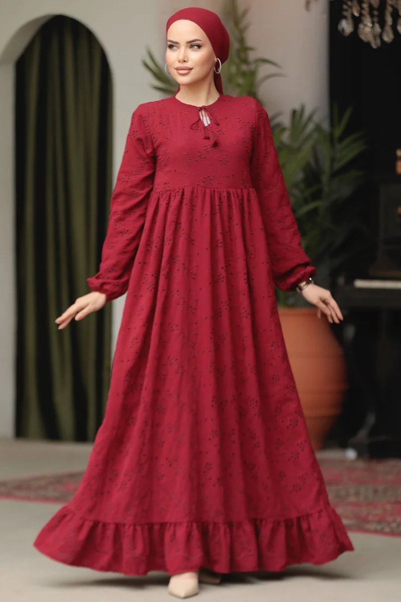 Neva Style Laced Claret Red Hijab Dress 23201BR
