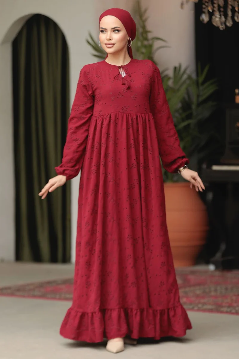 Neva Style Laced Claret Red Hijab Dress 23201BR
