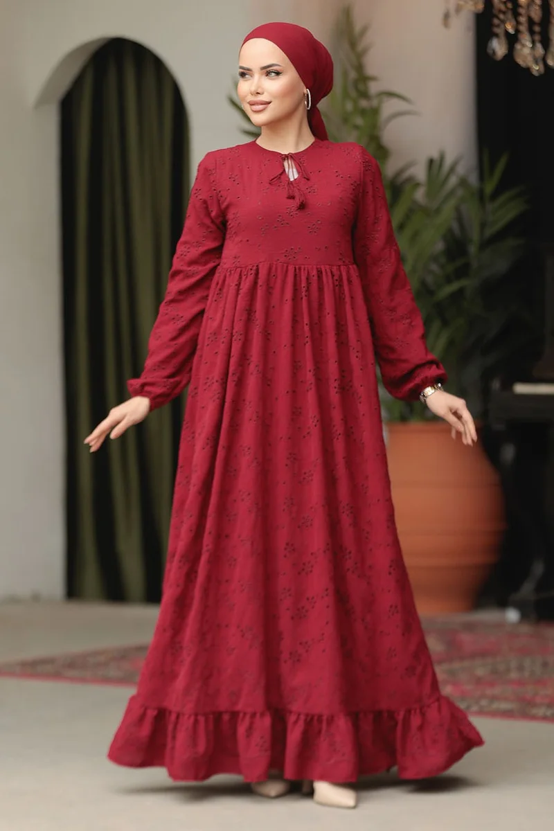 Neva Style Laced Claret Red Hijab Dress 23201BR