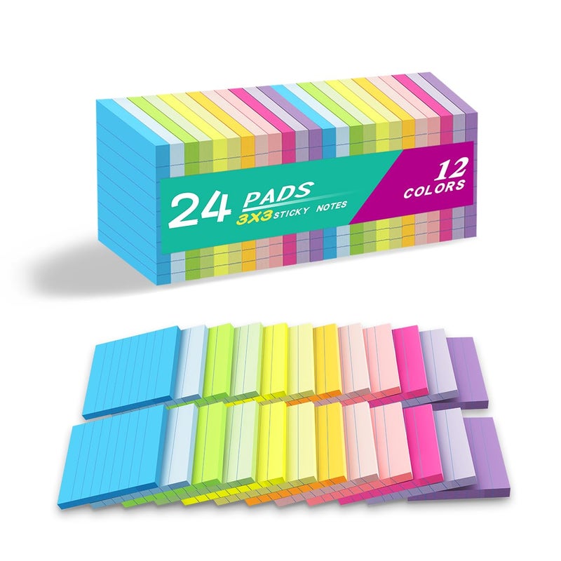 Kozerite (24 Pack) Lined Sticky Notes 3x3 in,Notepads with Lines,Ruled Stickies Super Sticking Power,Office School Memo Note Pads Bright Colors,Post on Windows Doors,Recyclable,Easy to Write on - Image 1