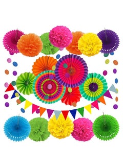 Mordely Mexican Themed Party Supplies Holiday Party Decorations Colorful Paper Flower Fans Pom Poms Banners Carnival Birthday Holiday Fiesta Decorations Multicolor  - Image 1
