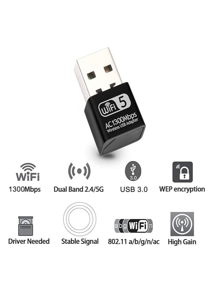1300Mbps USB WiFi Adapter, Micro Wi-Fi Antenna for PC, Dual Band with USB 3.0 and Strong Signal, WiFi Dongle Receiver Support Windows 11/10/ XP/Vista/7/8/8.1 Mac OS X 10.6-10.15