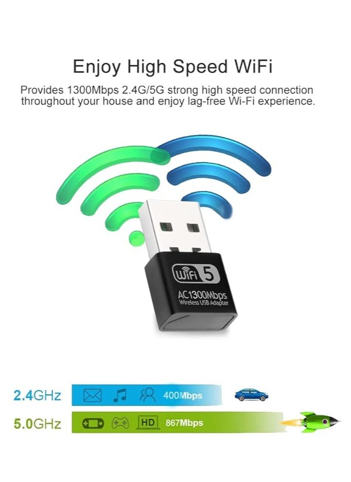 1300Mbps USB WiFi Adapter, Micro Wi-Fi Antenna for PC, Dual Band with USB 3.0 and Strong Signal, WiFi Dongle Receiver Support Windows 11/10/ XP/Vista/7/8/8.1 Mac OS X 10.6-10.15
