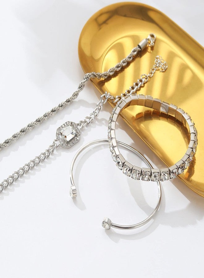 17IF مجموعة 4 قطع من الأساور الفضية الرقيقة للنساء مطلية بـ 14K مع روابط من الزركونيا المكعبة سلسلة ورقية قابلة للتعديل مجوهرات يد عصرية (فضي) - Image 3