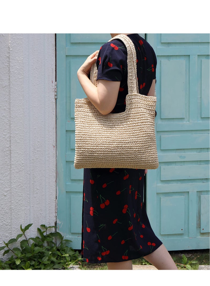 Handmade Straw Beach Tote Bag,Large Capacity Women Woven Tote Bag ,Stylish ,Super light Hobo Bag Shoulder Bag for Beach Picnic Summer Vacation, Beige, Beig  - Image 4