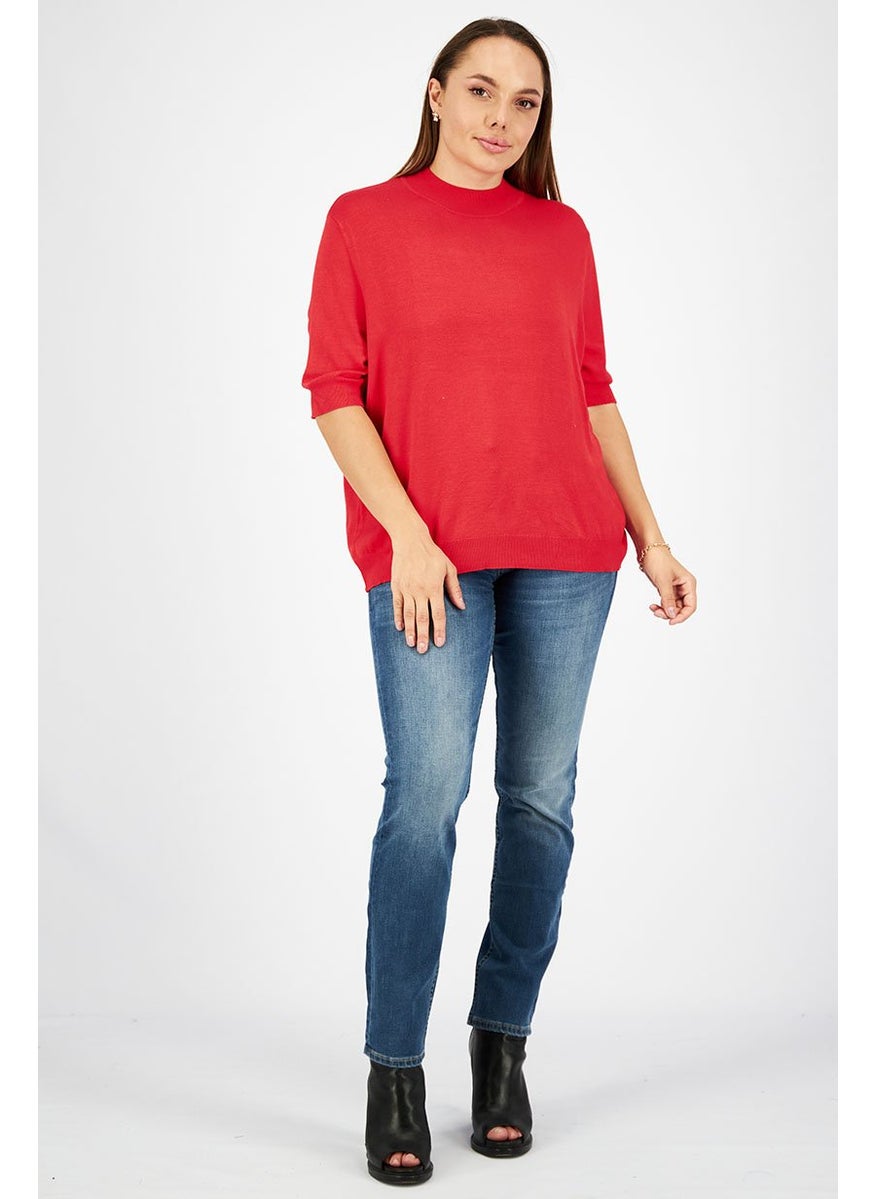 Tchibo Women Mock Neck Elbow Sleeve Plain Top, Red  - Image 3