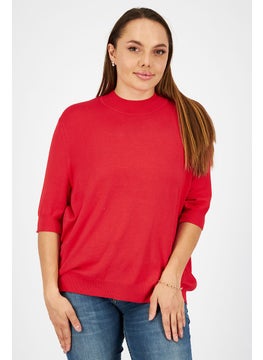 Tchibo Women Mock Neck Elbow Sleeve Plain Top, Red  - Image 1