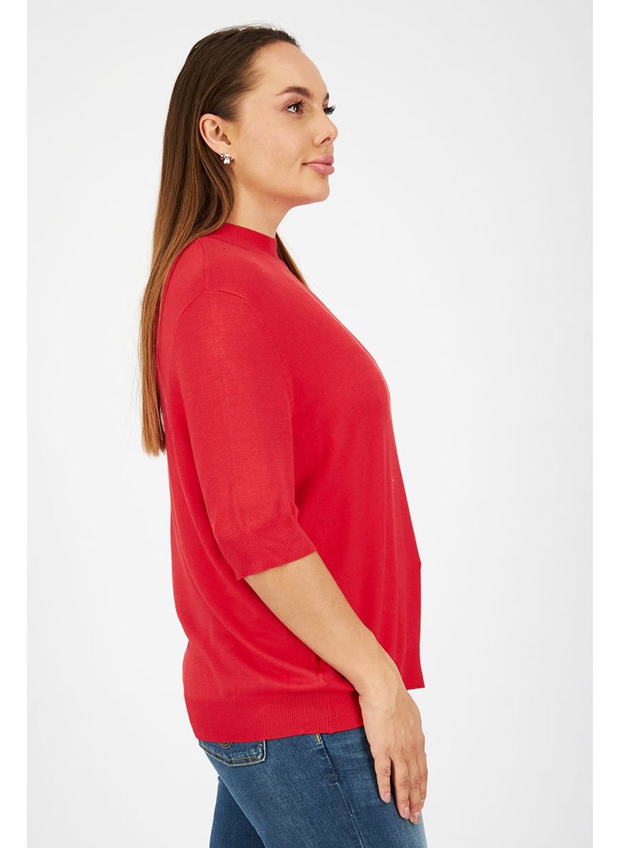 Tchibo Women Mock Neck Elbow Sleeve Plain Top, Red  - Image 4