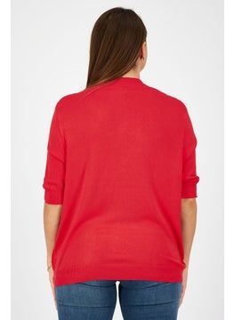 Tchibo Women Mock Neck Elbow Sleeve Plain Top, Red  - Image 2