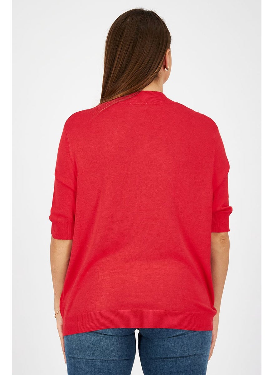 Tchibo Women Mock Neck Elbow Sleeve Plain Top, Red  - Image 2