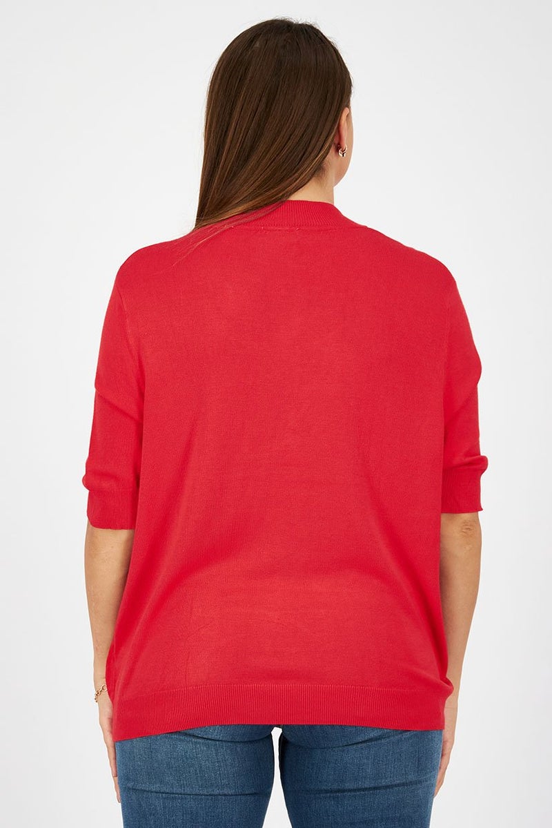 Tchibo بلوزة نسائية بياقة مرتفعة وأكمام قصيرة، حمراء - Image 4