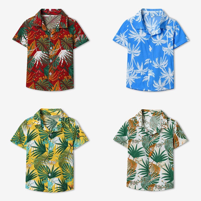 Hawaiian Flower Shirt Summer Short-Sleeved Lapel Parent-Child Vacation Shirt Family Clothes Beach Casual Flower Shirt - Image 2