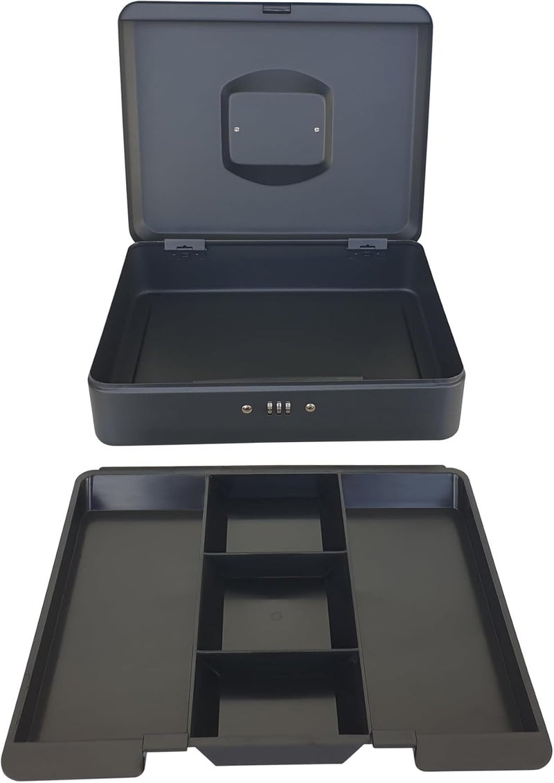 Maxi Large Cash Box with Number Lock - 12 Inch Steel Register with Tray - Durable Portable Money Box in Matt Black - Image 2
