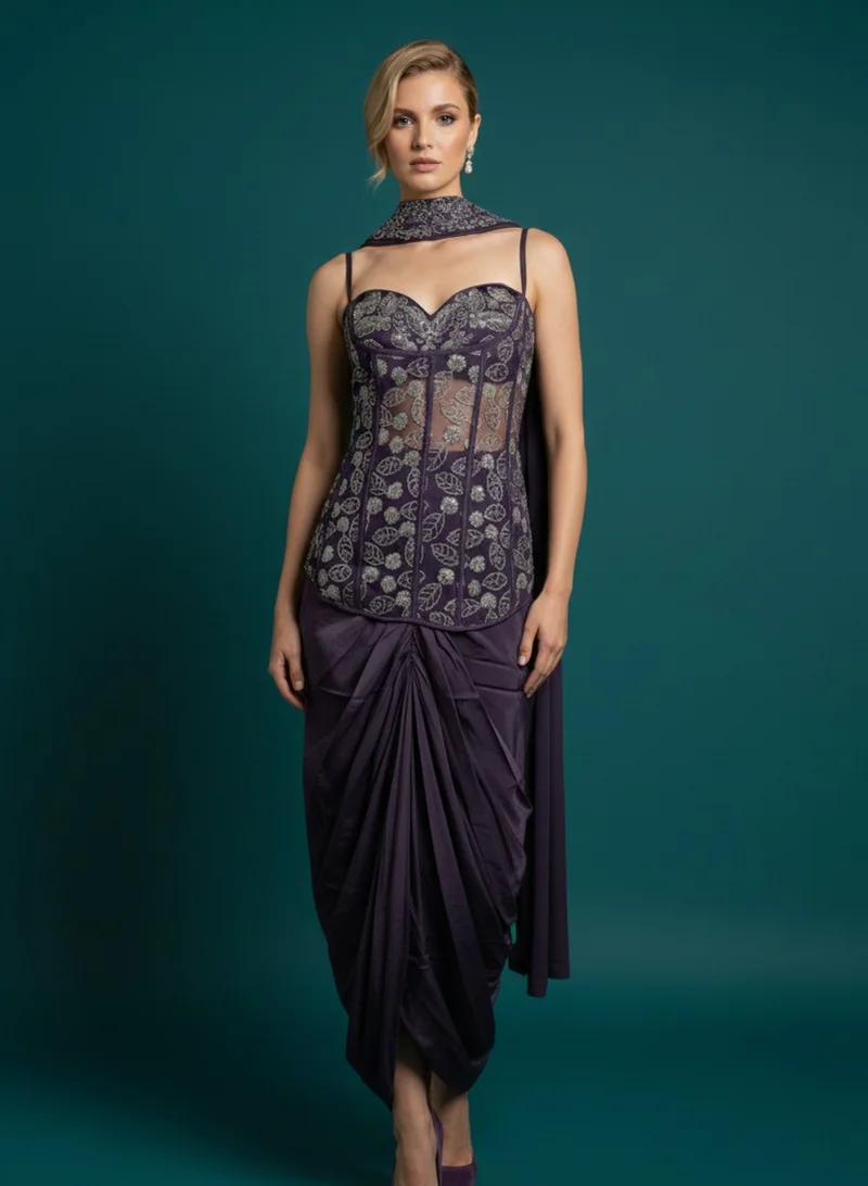 Lehar Royal Purple Embroidered Corset Indo-Western Tulip Skirt Set with Dupatta