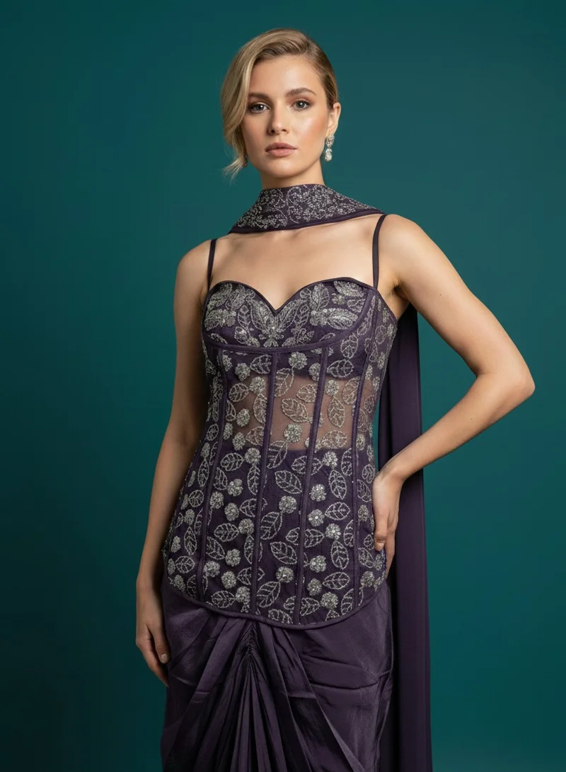 Lehar Royal Purple Embroidered Corset Indo-Western Tulip Skirt Set with Dupatta