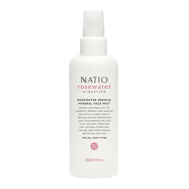 Natio Australia Rosewater Hydration Drench Mineral Face Mist, 6.7 ounce - Face Moisturizer For All Skin Types - Makeup Safe Face Mist Hydrating Spray
